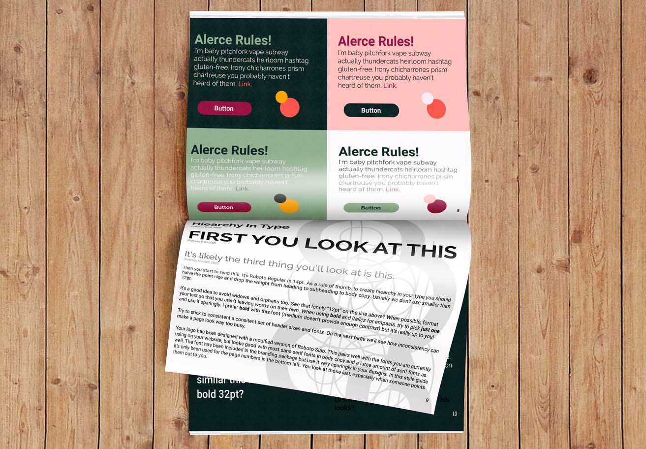 A mockup of a brand guideline document for Alerce Environmental.