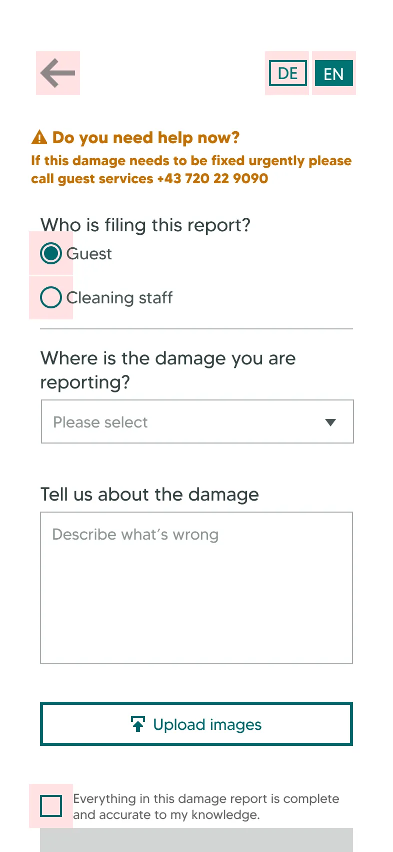 damage report screen with red squares over buttons