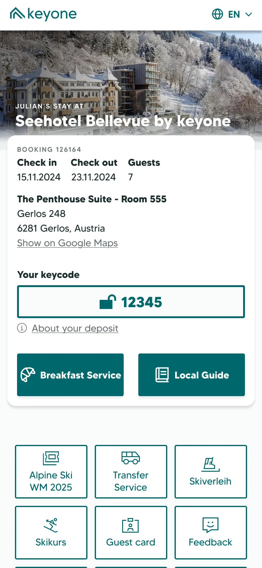 hero card with breakfast service and local guide buttons made prominent