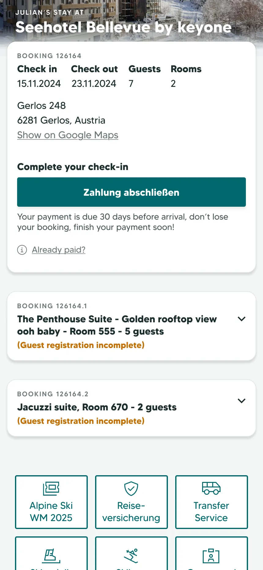 booking summary on main screen