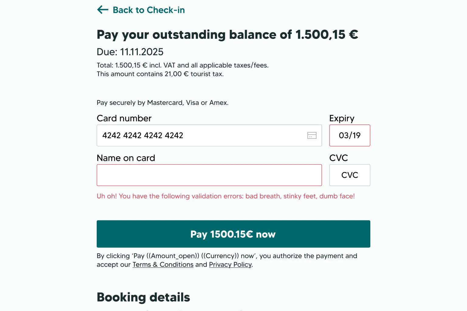 payment details for a stay